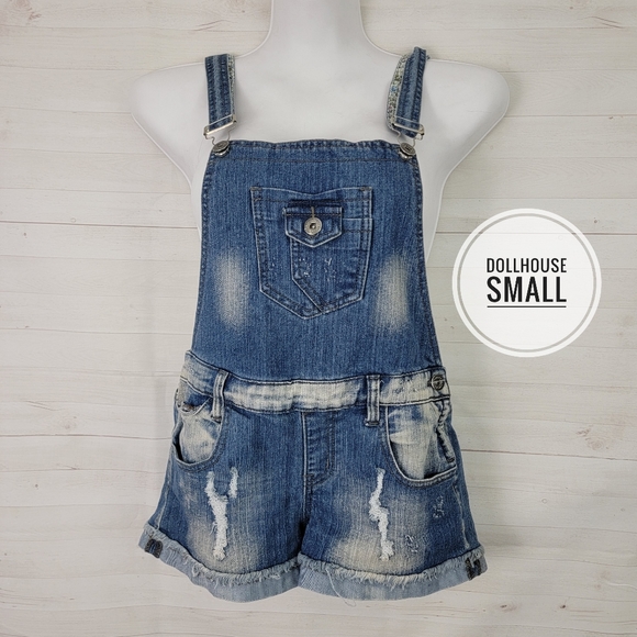 Dollhouse Denim - Small Distressed Denim Overall Shorts